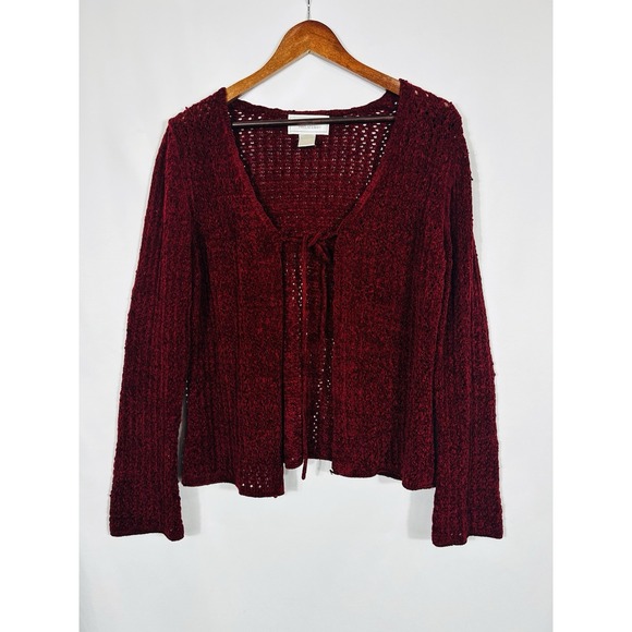 united states sweaters Sweaters - Vintage Hand Knit Velvet Tie Front Cardigan Size L 90s Vamp Whimsigoth Witchy